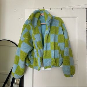 Green and blue checkered urban outfitters zip up jacket